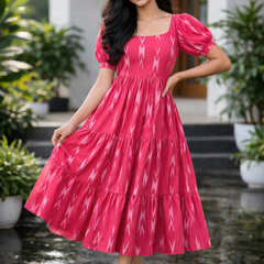 Women’s Pink Ikat Printed Long Flared Dress