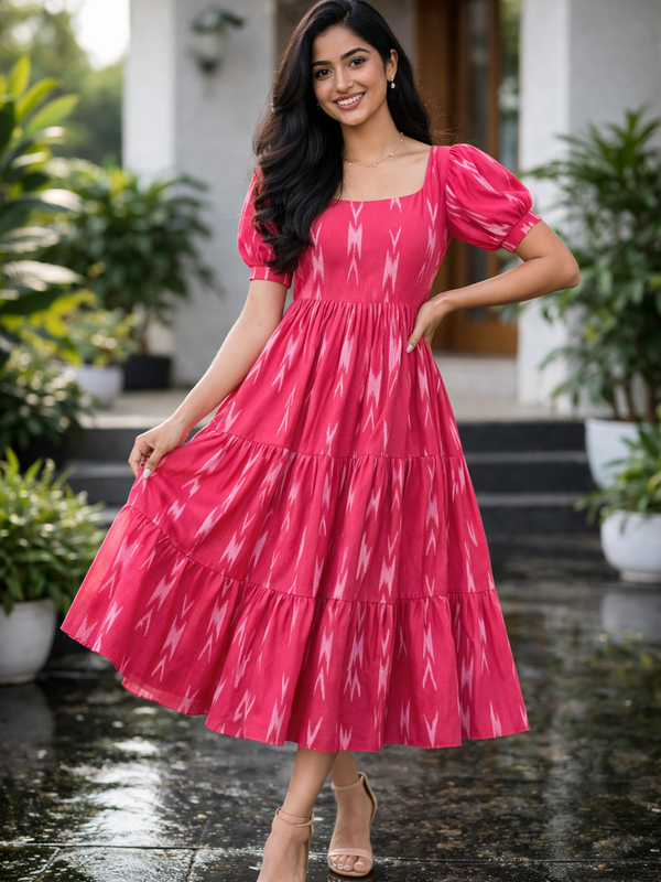 Women’s Pink Ikat Printed Long Flared Dress