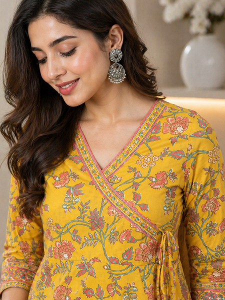 Women’s Yellow Floral Anarkali Style Long Flared Kurta