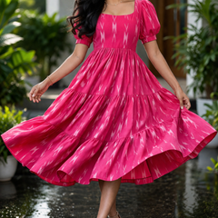 Women’s Pink Ikat Printed Long Flared Dress