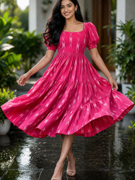 Women’s Pink Ikat Printed Long Flared Dress