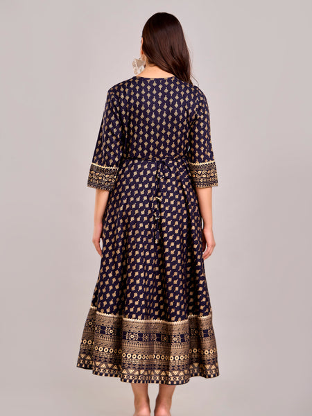 Women Printed  Rayon Anarkali Kurta  (Blue)