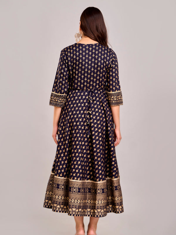 Women Printed  Rayon Anarkali Kurta  (Blue)