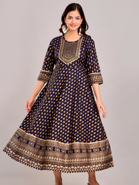 Women Printed  Rayon Anarkali Kurta  (Blue)