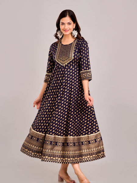Women Printed  Rayon Anarkali Kurta  (Blue)