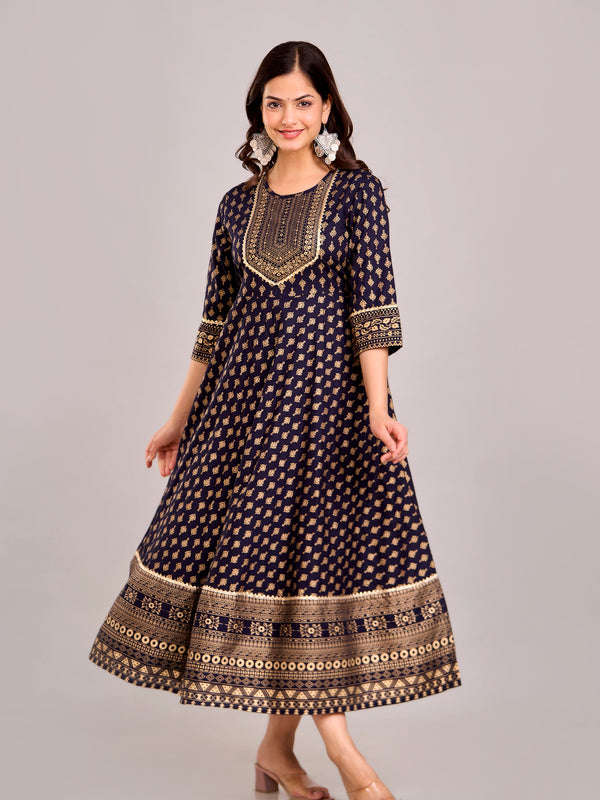 Women Printed  Rayon Anarkali Kurta  (Blue)