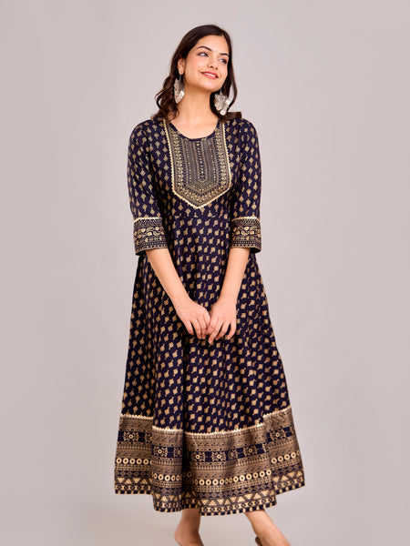 Women Printed  Rayon Anarkali Kurta  (Blue)