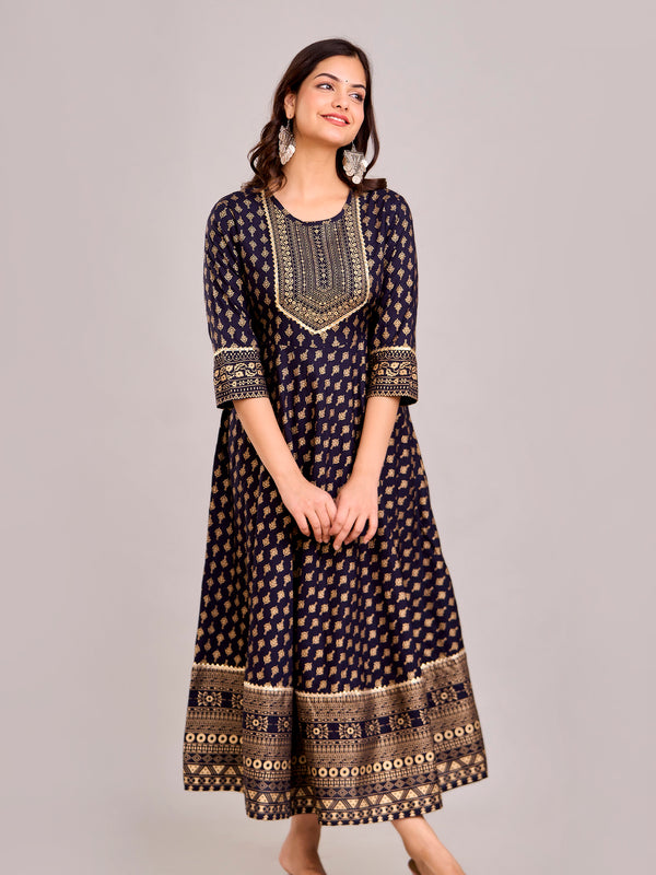 Women Printed  Rayon Anarkali Kurta  (Blue)