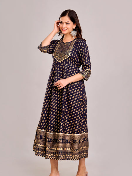 Women Printed  Rayon Anarkali Kurta  (Blue)