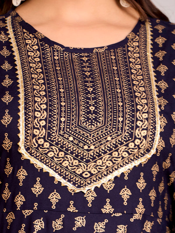 Women Printed  Rayon Anarkali Kurta  (Blue)