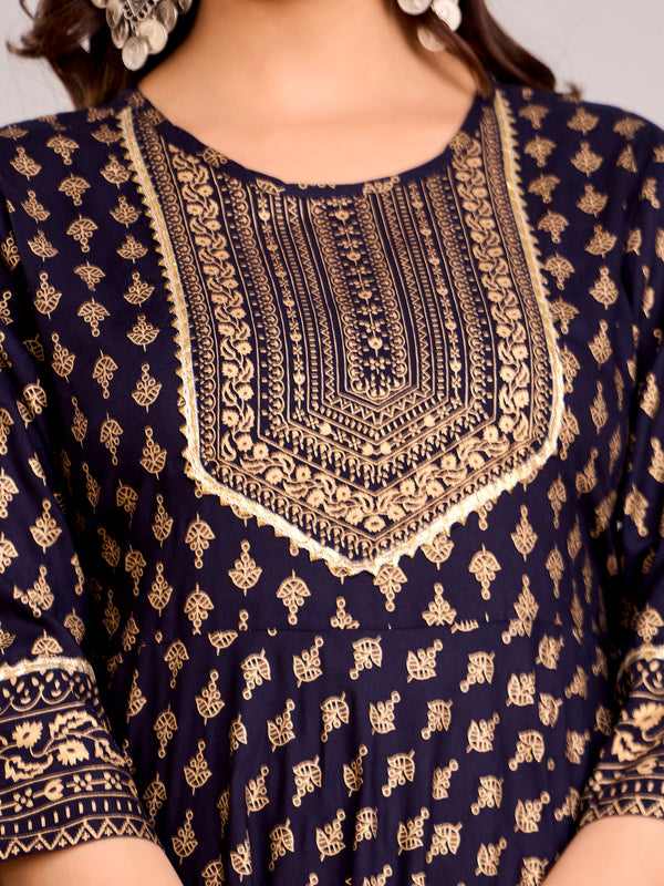 Women Printed  Rayon Anarkali Kurta  (Blue)