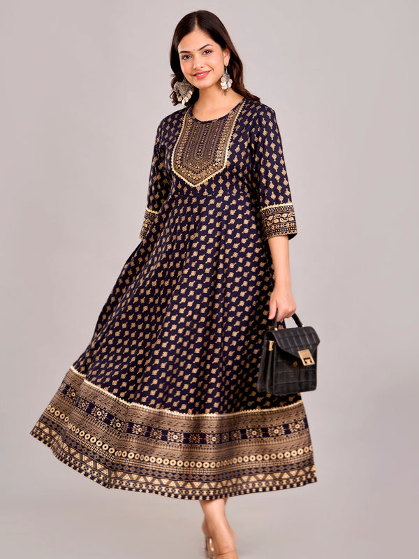 Women Printed  Rayon Anarkali Kurta  (Blue)