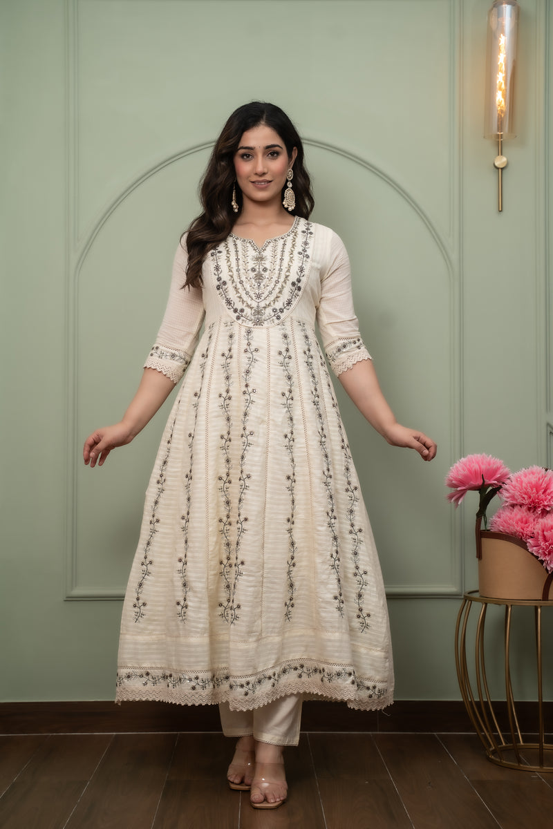 Embroidered Pure Cotton Anarkali Kurta with Trousers & Dupatta Set