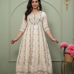 Embroidered Pure Cotton Anarkali Kurta with Trousers & Dupatta Set