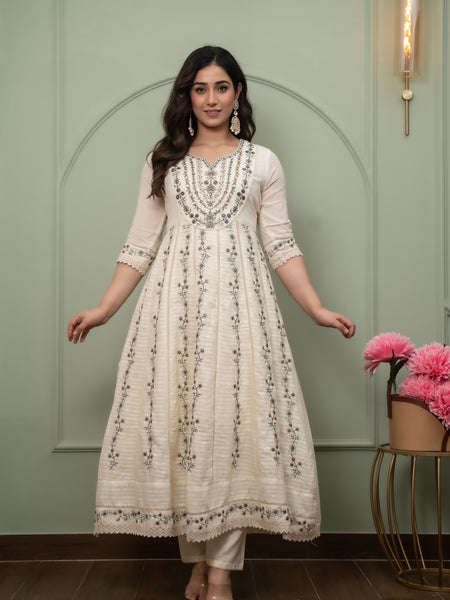 Embroidered Pure Cotton Anarkali Kurta with Trousers & Dupatta Set