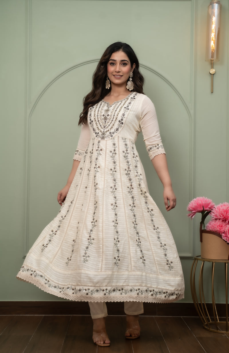Embroidered Pure Cotton Anarkali Kurta with Trousers & Dupatta Set