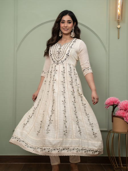 Embroidered Pure Cotton Anarkali Kurta with Trousers & Dupatta Set