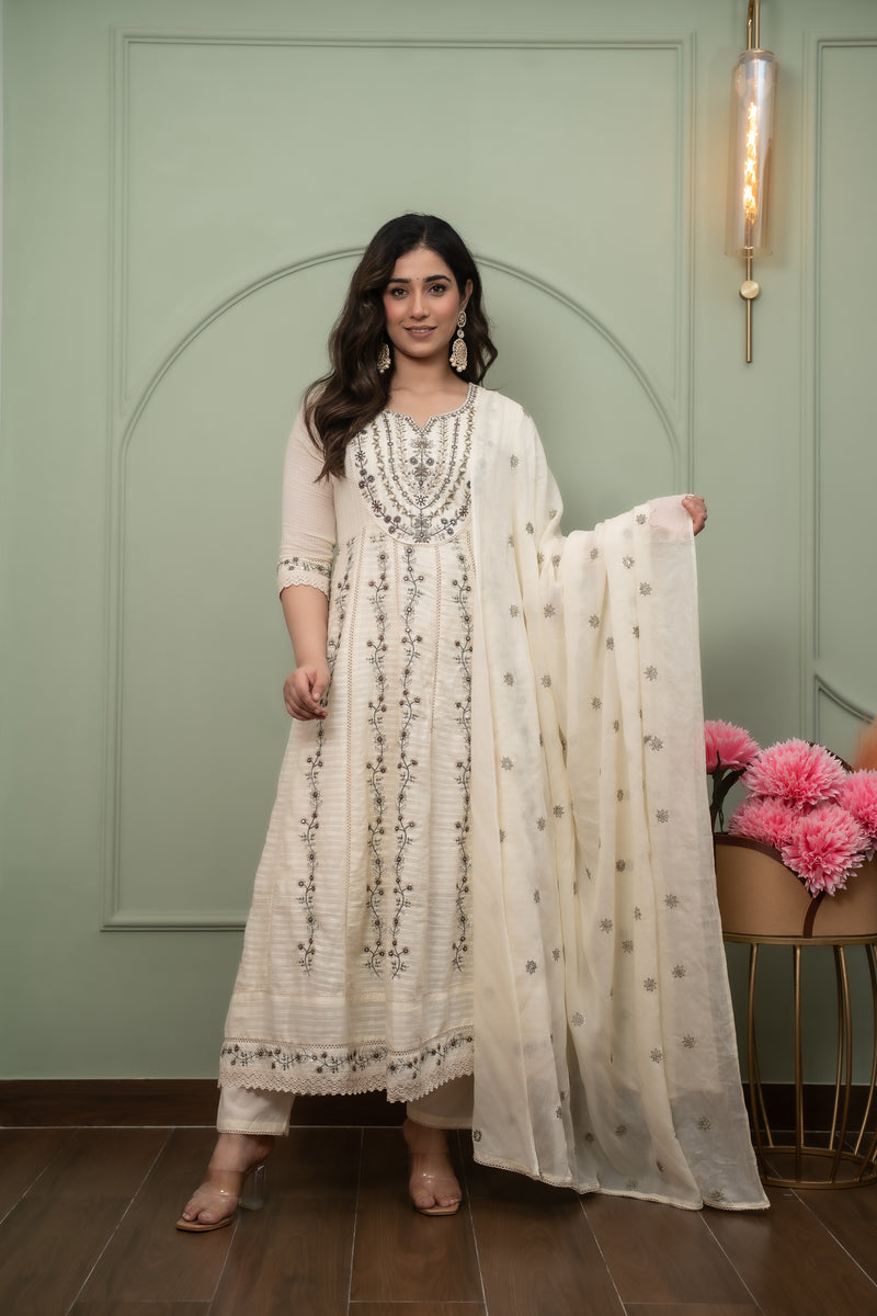 Embroidered Pure Cotton Anarkali Kurta with Trousers & Dupatta Set