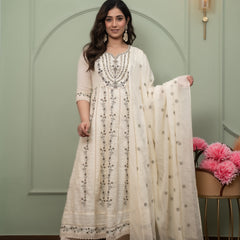 Embroidered Pure Cotton Anarkali Kurta with Trousers & Dupatta Set