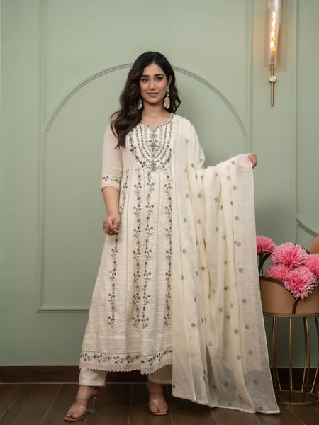 Embroidered Pure Cotton Anarkali Kurta with Trousers & Dupatta Set