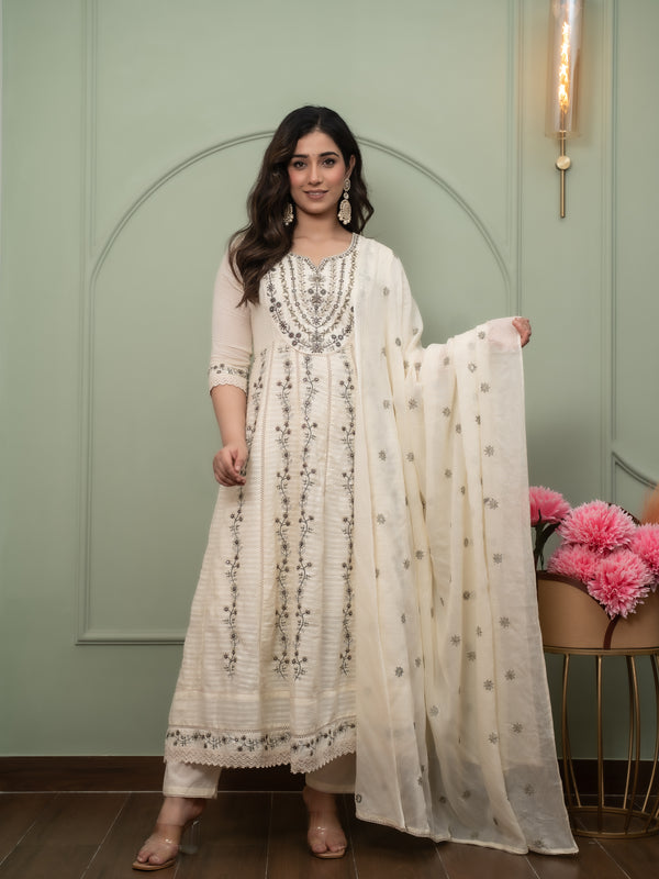 Embroidered Pure Cotton Anarkali Kurta with Trousers & Dupatta Set