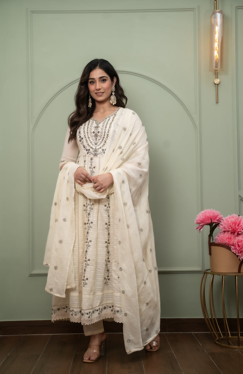 Embroidered Pure Cotton Anarkali Kurta with Trousers & Dupatta Set