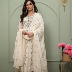 Embroidered Pure Cotton Anarkali Kurta with Trousers & Dupatta Set