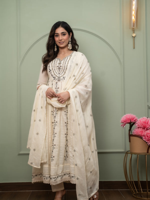 Embroidered Pure Cotton Anarkali Kurta with Trousers & Dupatta Set
