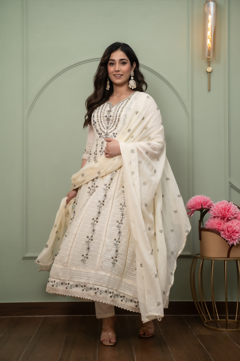 Embroidered Pure Cotton Anarkali Kurta with Trousers & Dupatta Set