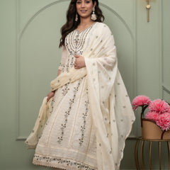 Embroidered Pure Cotton Anarkali Kurta with Trousers & Dupatta Set