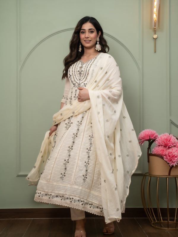 Embroidered Pure Cotton Anarkali Kurta with Trousers & Dupatta Set