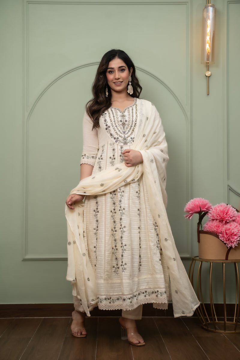 Embroidered Pure Cotton Anarkali Kurta with Trousers & Dupatta Set