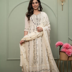 Embroidered Pure Cotton Anarkali Kurta with Trousers & Dupatta Set