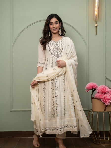 Embroidered Pure Cotton Anarkali Kurta with Trousers & Dupatta Set