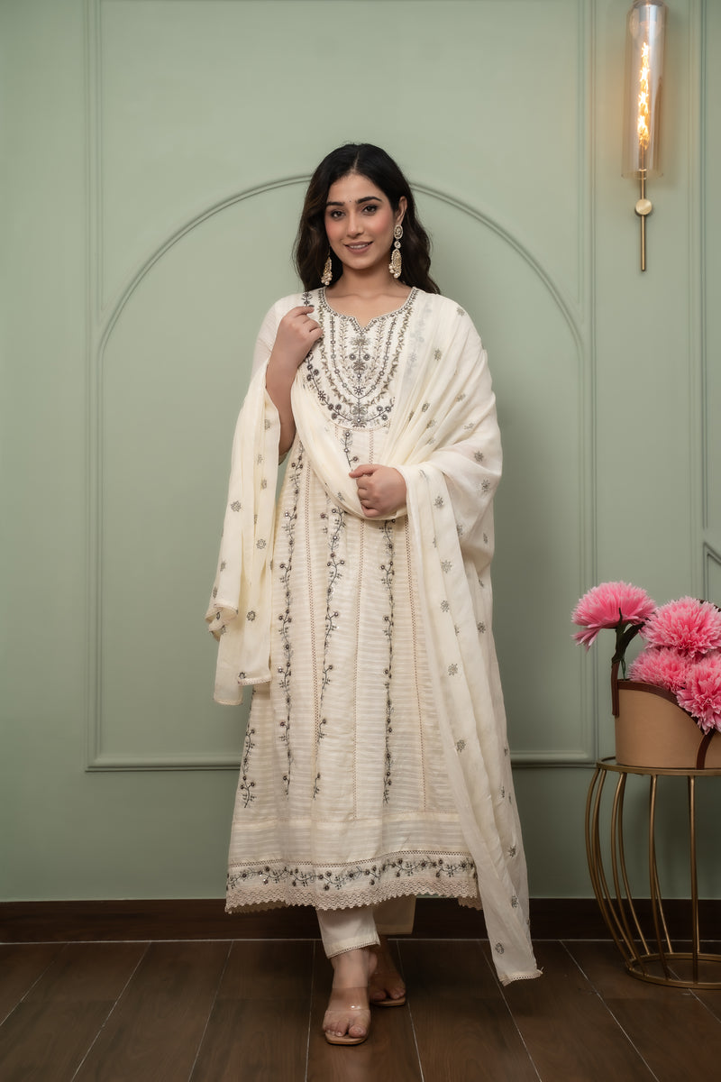 Embroidered Pure Cotton Anarkali Kurta with Trousers & Dupatta Set
