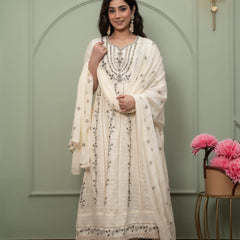 Embroidered Pure Cotton Anarkali Kurta with Trousers & Dupatta Set