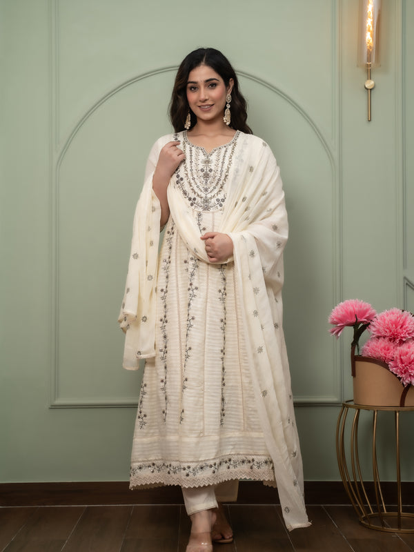 Embroidered Pure Cotton Anarkali Kurta with Trousers & Dupatta Set