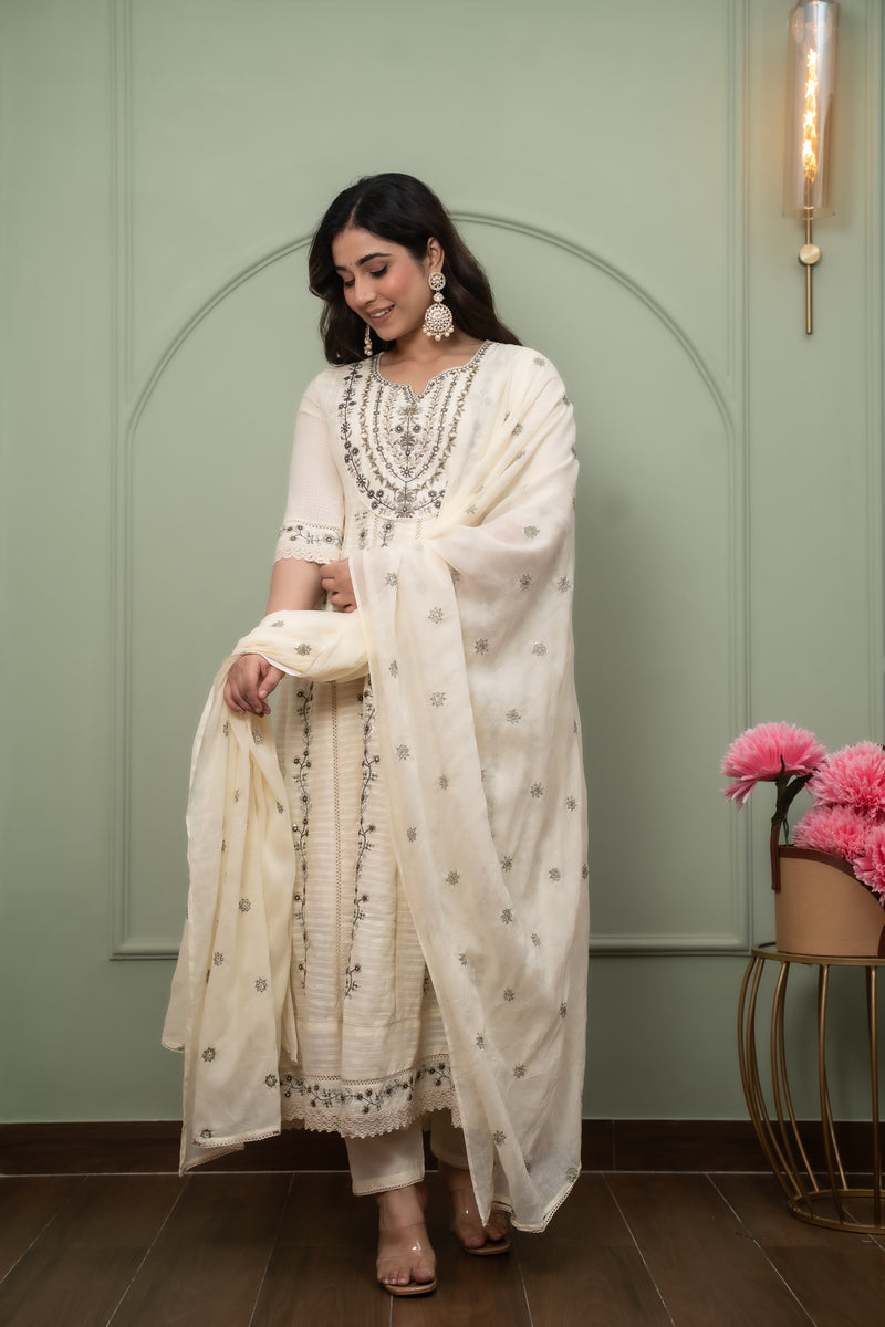 Embroidered Pure Cotton Anarkali Kurta with Trousers & Dupatta Set