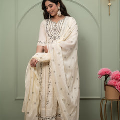 Embroidered Pure Cotton Anarkali Kurta with Trousers & Dupatta Set