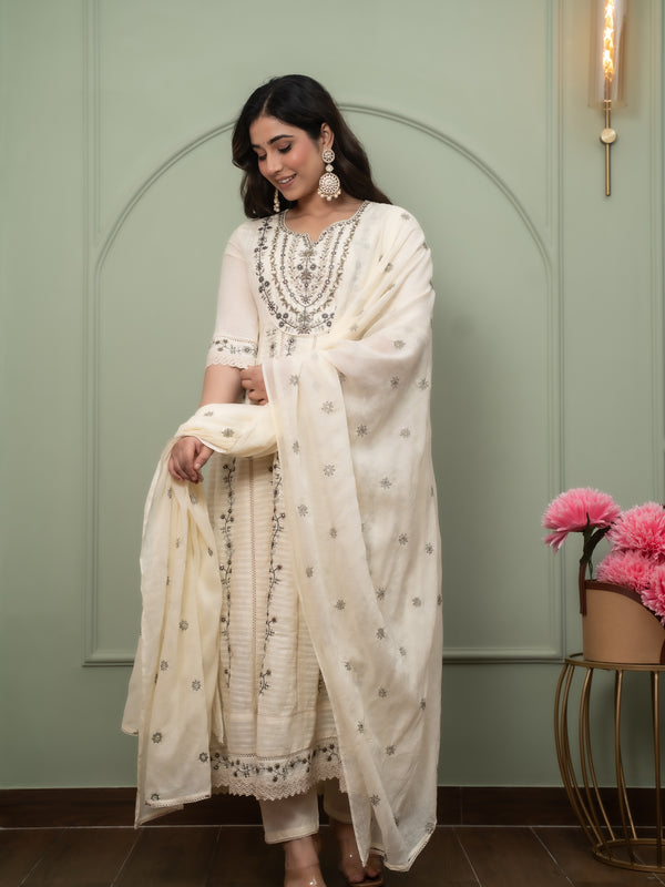 Embroidered Pure Cotton Anarkali Kurta with Trousers & Dupatta Set