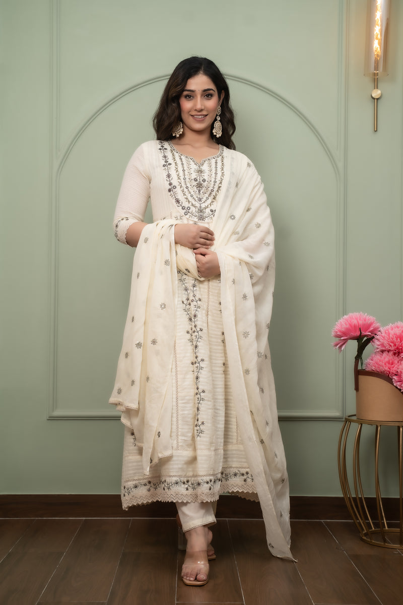 Embroidered Pure Cotton Anarkali Kurta with Trousers & Dupatta Set