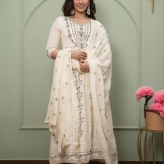 Embroidered Pure Cotton Anarkali Kurta with Trousers & Dupatta Set