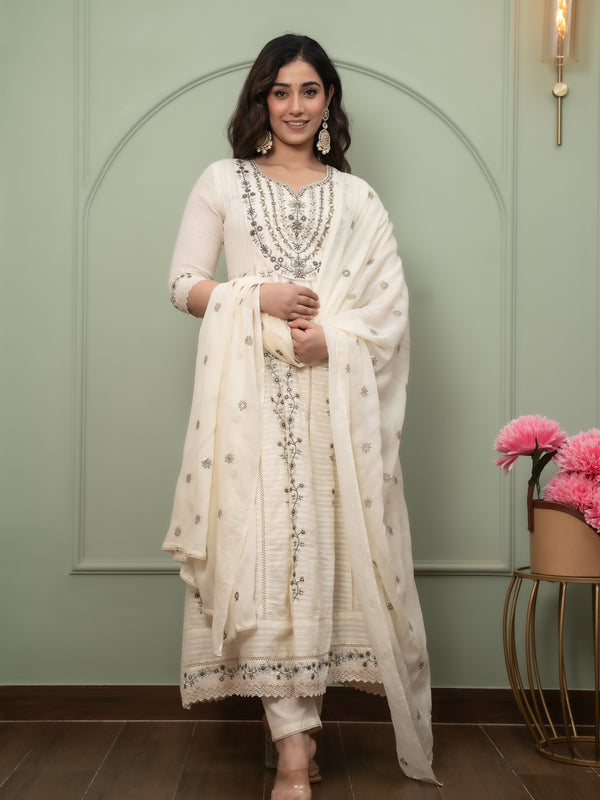 Embroidered Pure Cotton Anarkali Kurta with Trousers & Dupatta Set