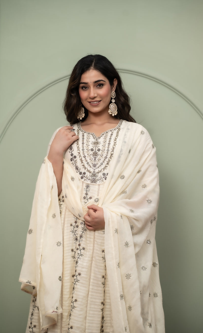 Embroidered Pure Cotton Anarkali Kurta with Trousers & Dupatta Set