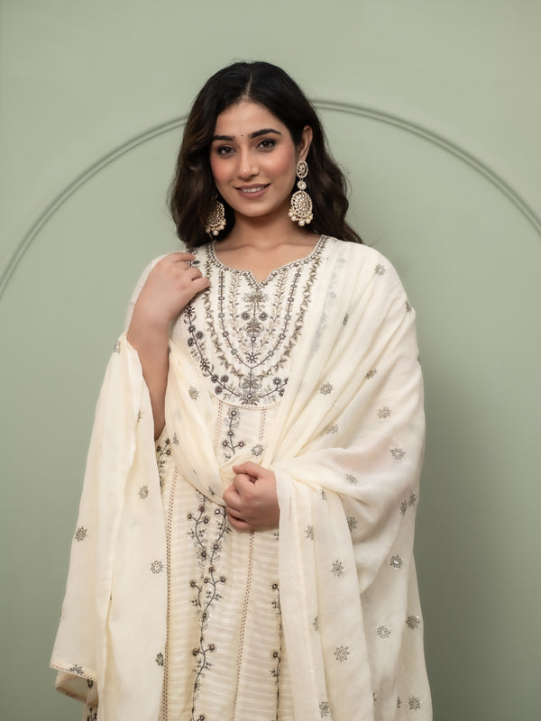 Embroidered Pure Cotton Anarkali Kurta with Trousers & Dupatta Set