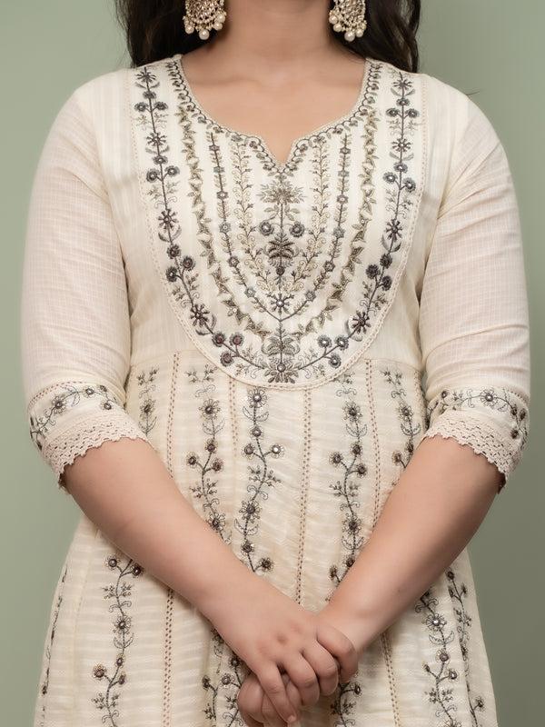 Embroidered Pure Cotton Anarkali Kurta with Trousers & Dupatta Set