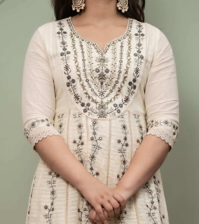 Embroidered Pure Cotton Anarkali Kurta with Trousers & Dupatta Set
