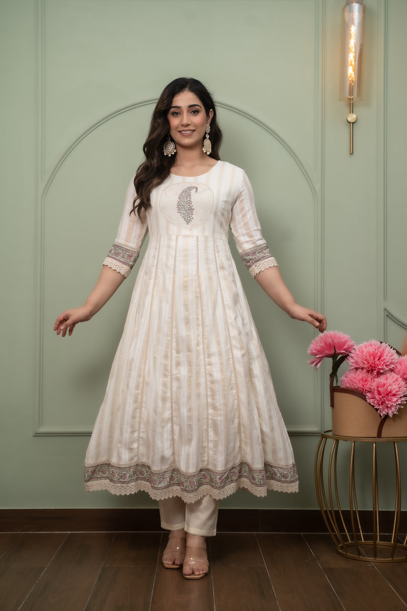 Embroidered Pure Cotton Anarkali Kurta with Trousers & Dupatta Set