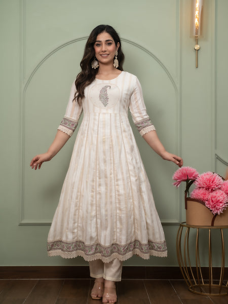 Embroidered Pure Cotton Anarkali Kurta with Trousers & Dupatta Set