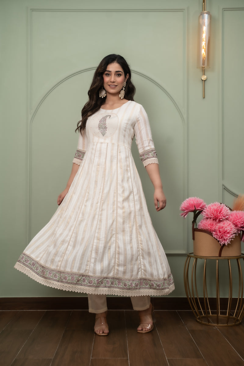 Embroidered Pure Cotton Anarkali Kurta with Trousers & Dupatta Set